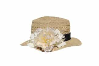 Giovane ed elegante cappello da bambina alla Mary Poppins in fresca paglia traforata guarnita con fiori ton sur ton